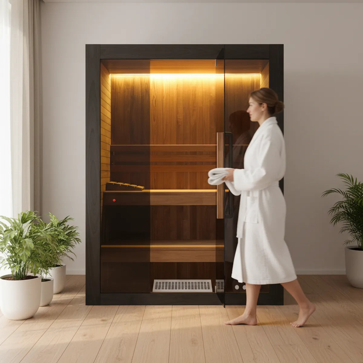 Woman in white robe approaching Hekla Traditional 160 black indoor sauna