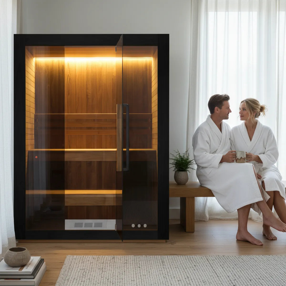 Couple in robes relaxing post-sauna beside Hekla Traditional 160 black sauna