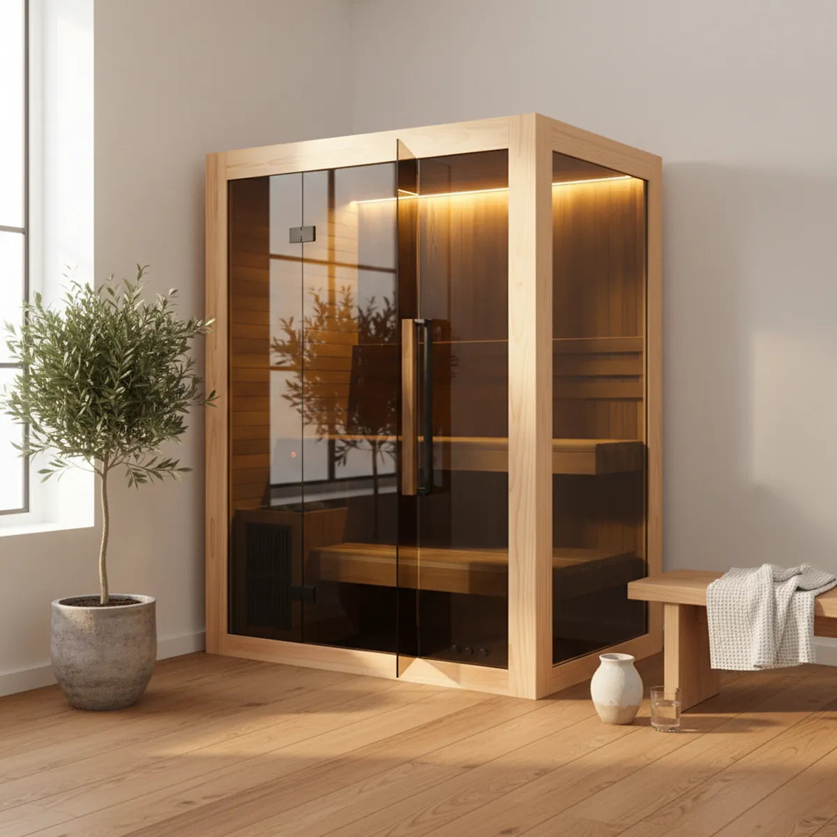 Hekla Traditional 160 indoor sauna in light Scandinavian wood, modern bathroom with oak floor