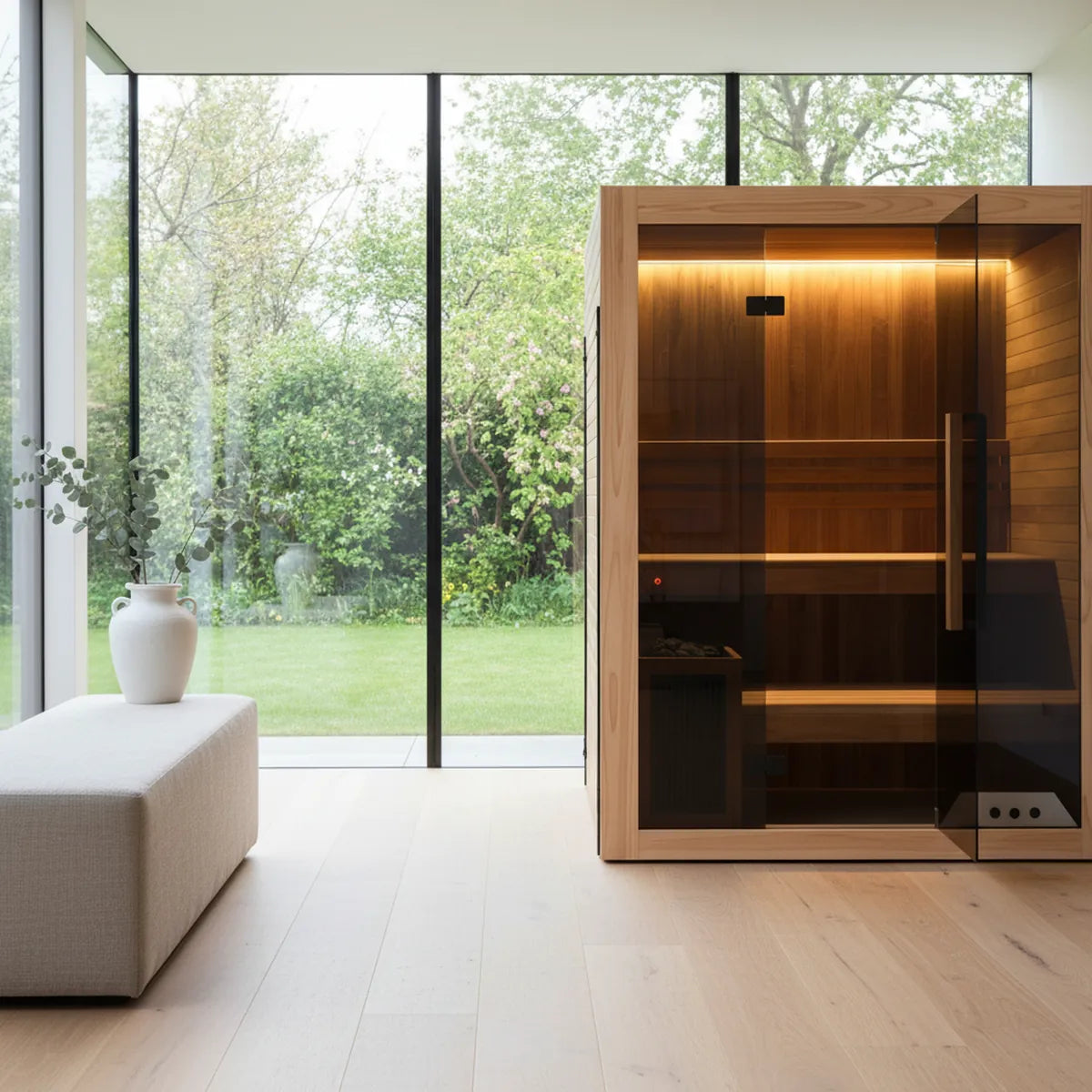 Hekla Traditional 160 light wood sauna in UK garden room with garden views