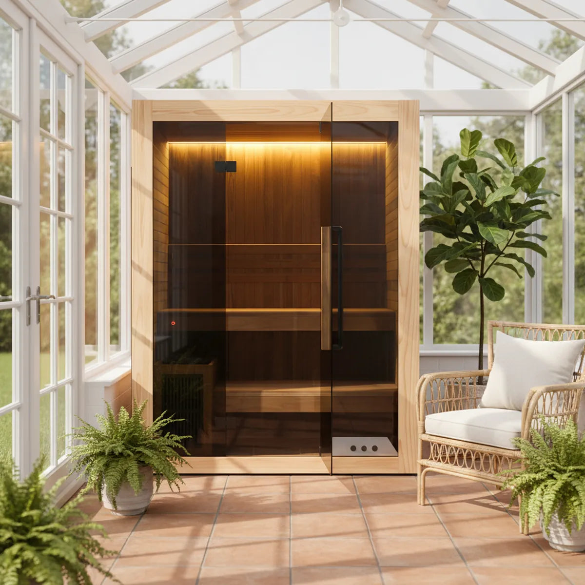 Hekla Traditional 160 Scandi sauna in sunlit conservatory with ferns and rattan armchair