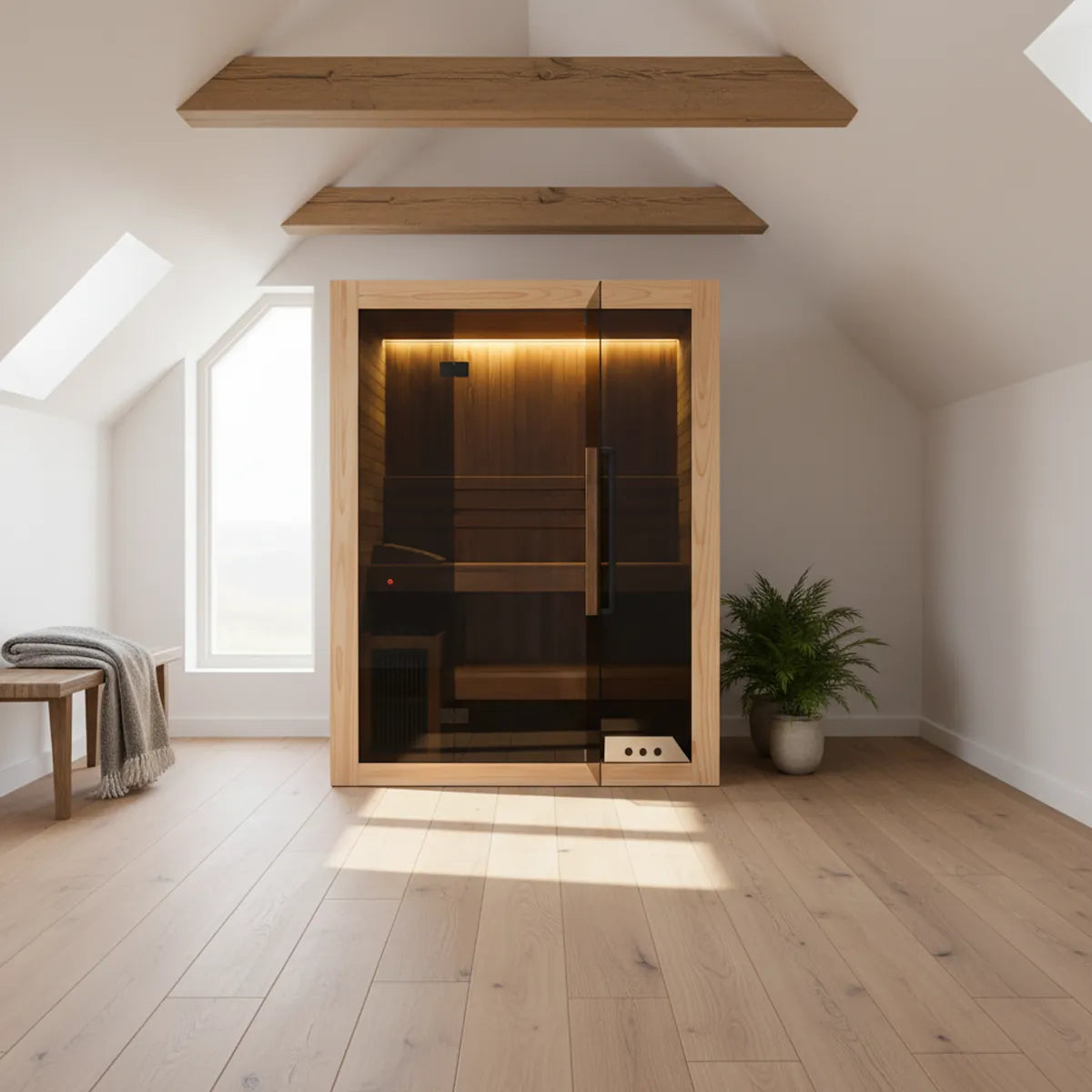 Hekla Traditional 160 light wood sauna in loft spa room with morning sun