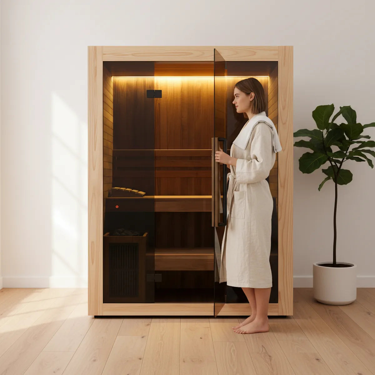 Woman in cream linen robe beside open door of Hekla Traditional 160 Scandi sauna