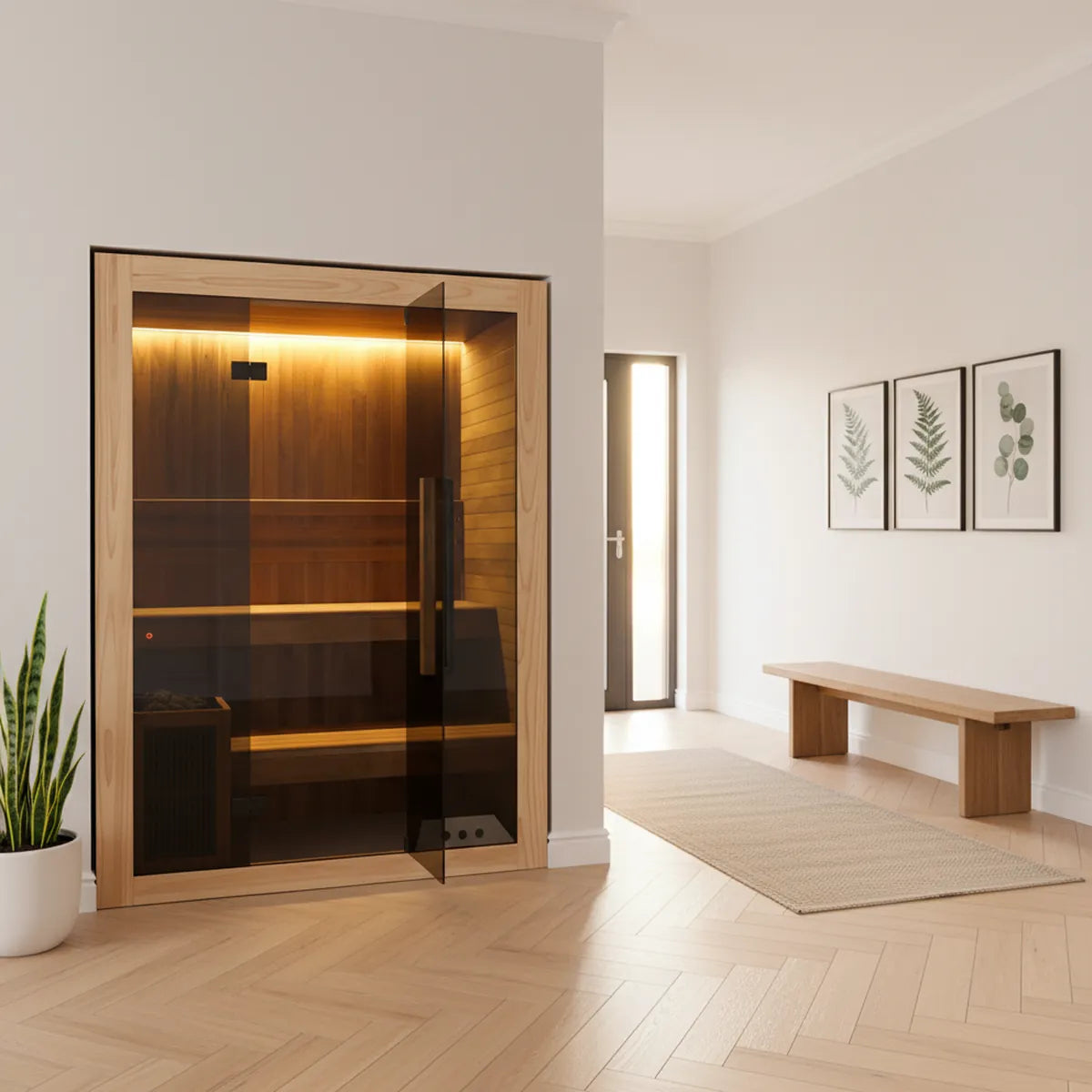 Hekla Traditional 160 light wood sauna in wide UK home hallway nook