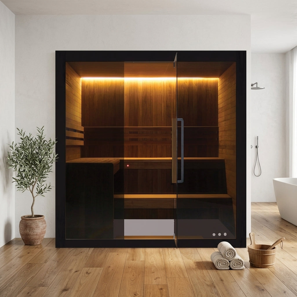 Hekla Traditional 210 indoor sauna in a modern minimalist home wellness bathroom