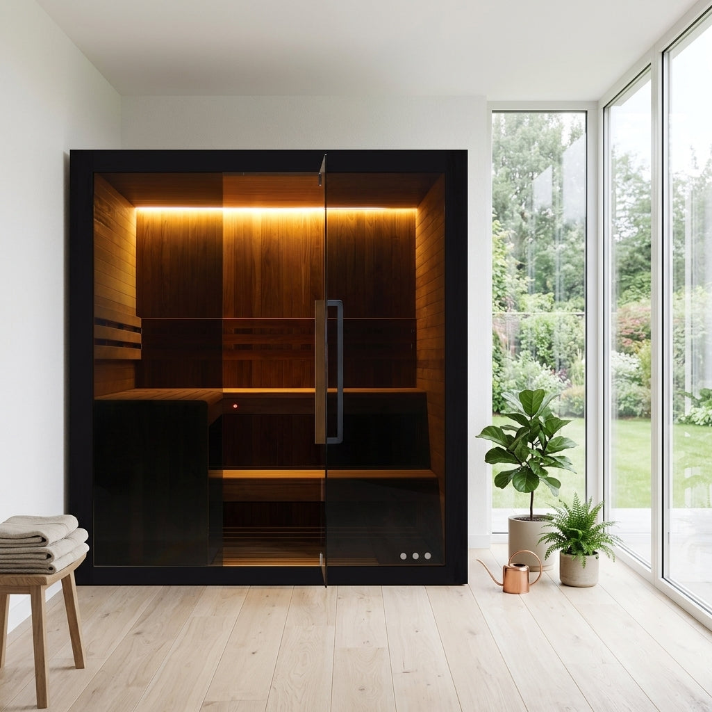 Hekla Traditional 210 indoor sauna in a bright Scandinavian garden room with floor-to-ceiling glazing