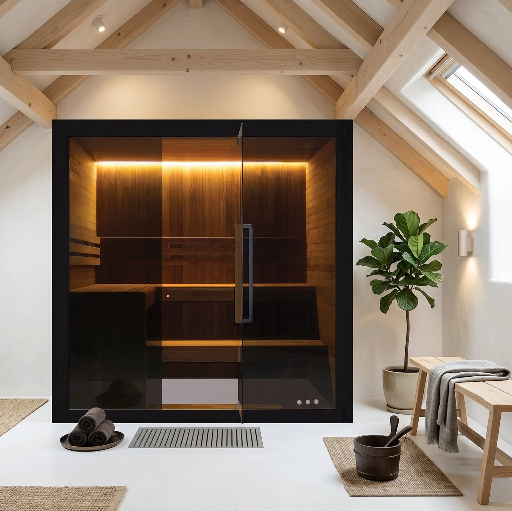 Hekla Traditional 210 indoor sauna in a converted loft wellness room with exposed timber beams