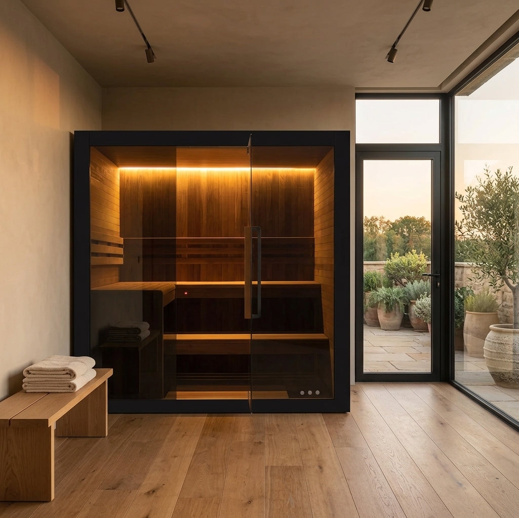Hekla Traditional 210 indoor sauna in an indoor wellness room opening onto a stone terrace at golden hour