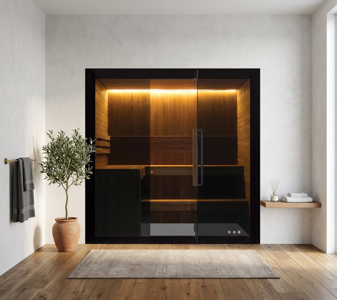 Hekla Traditional 210X indoor sauna in a modern minimalist home wellness bathroom