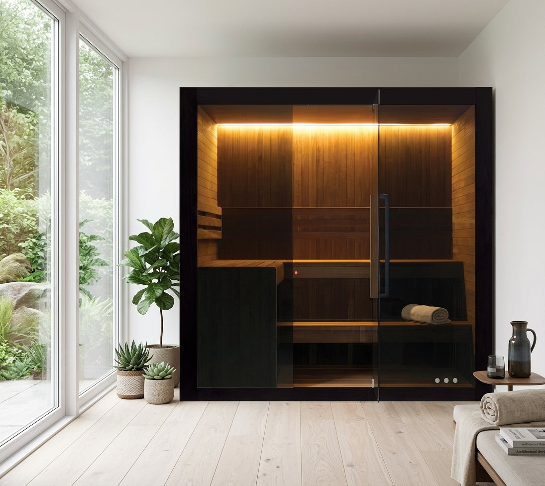 Hekla Traditional 210X indoor sauna in a bright Scandinavian garden room with floor-to-ceiling glazing