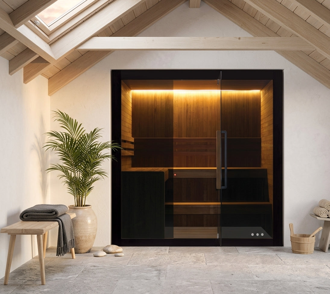 Hekla Traditional 210X indoor sauna in a converted loft wellness room with exposed timber beams