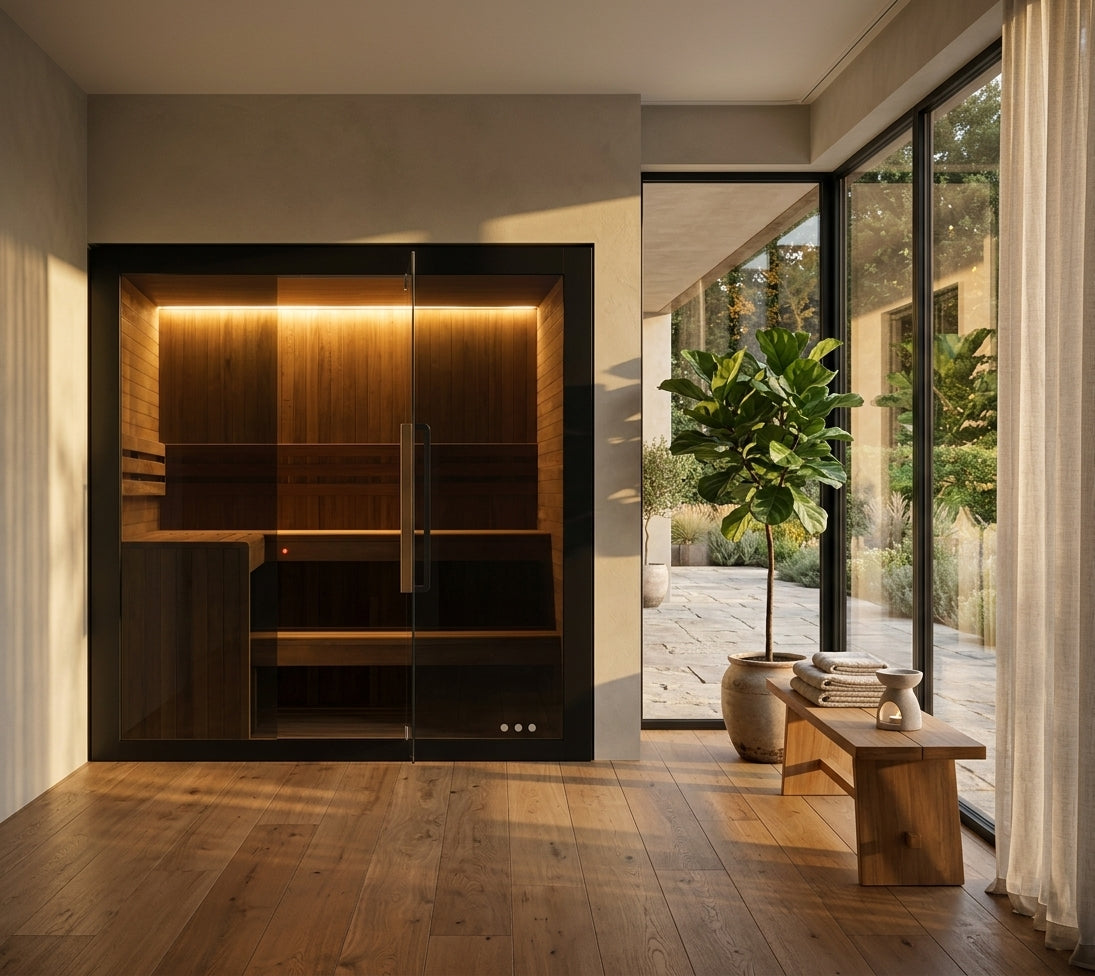 Hekla Traditional 210X indoor sauna in an indoor wellness room opening onto a stone terrace at golden hour