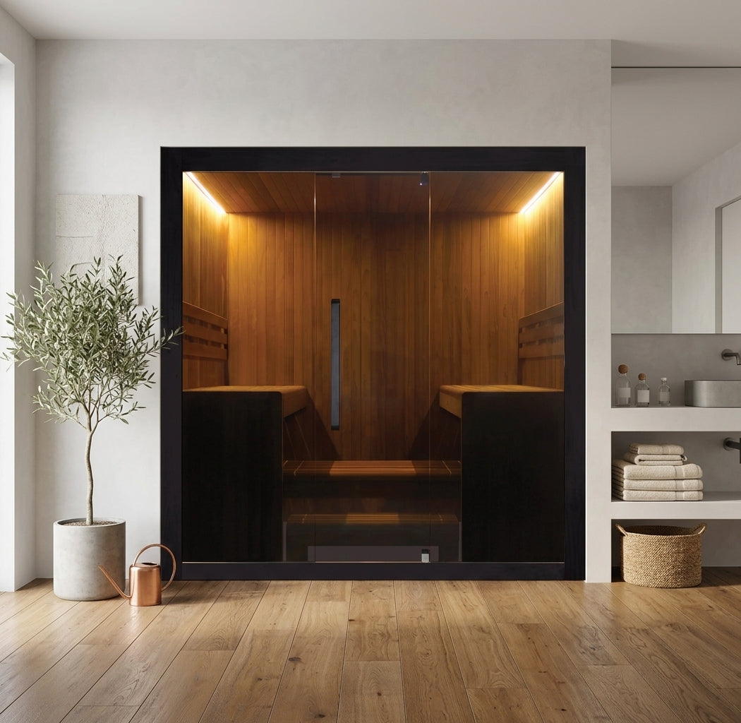 Hekla Traditional 220 indoor sauna in a modern minimalist home wellness bathroom