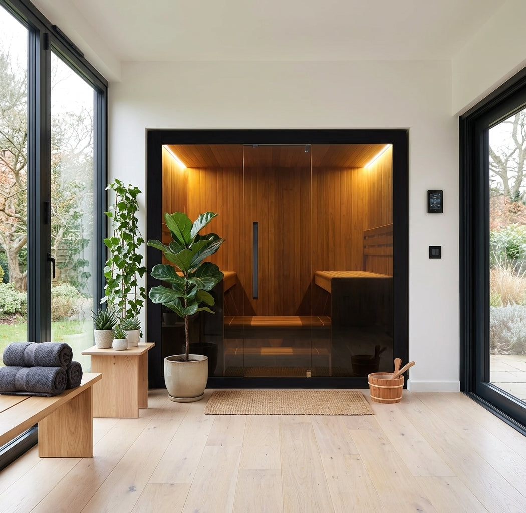 Hekla Traditional 220 indoor sauna in a bright Scandinavian garden room with floor-to-ceiling glazing