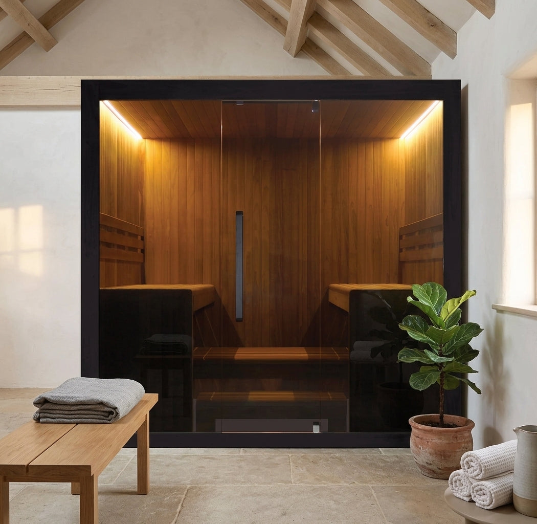 Hekla Traditional 220 indoor sauna in a converted loft wellness room with exposed timber beams