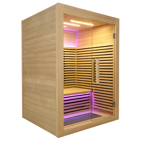 Holl's Canopée 2 two person infrared sauna with full-height glazing and horizontal slatted interior