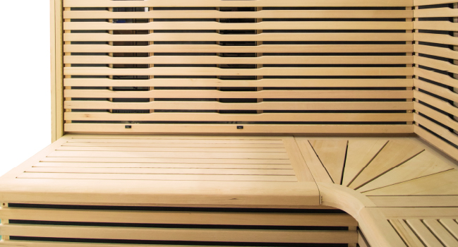 Holl's Canopée 2 two person infrared sauna with full-height glazing and horizontal slatted interior