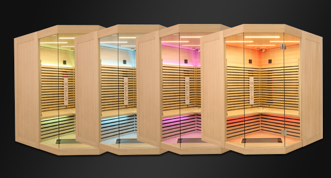 Holl's Canopée 2 two person infrared sauna with full-height glazing and horizontal slatted interior
