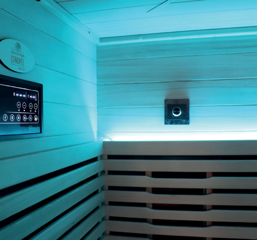 Holl's Canopée 2 two person infrared sauna with full-height glazing and horizontal slatted interior