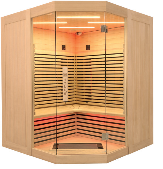 Holl's Canopée 3C corner infrared sauna with angled glass front in a living space