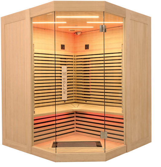 Holl's Canopée 3C corner infrared sauna with angled glass front in a living space