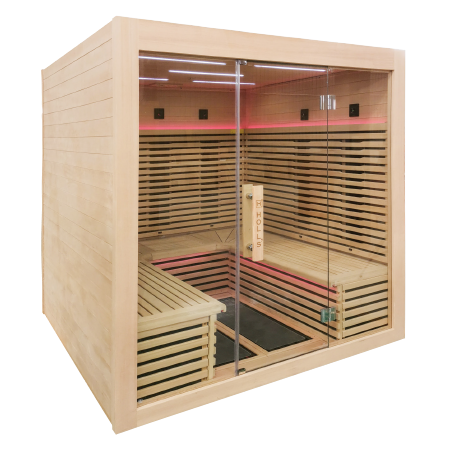 Holl's Canopée 6 six person infrared sauna interior with wide benches and glazed front