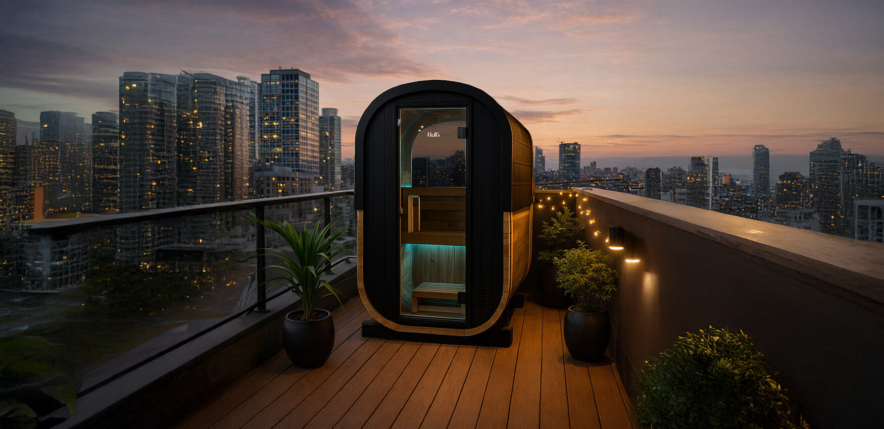 Holl's Cocoon two person outdoor sauna on a city terrace