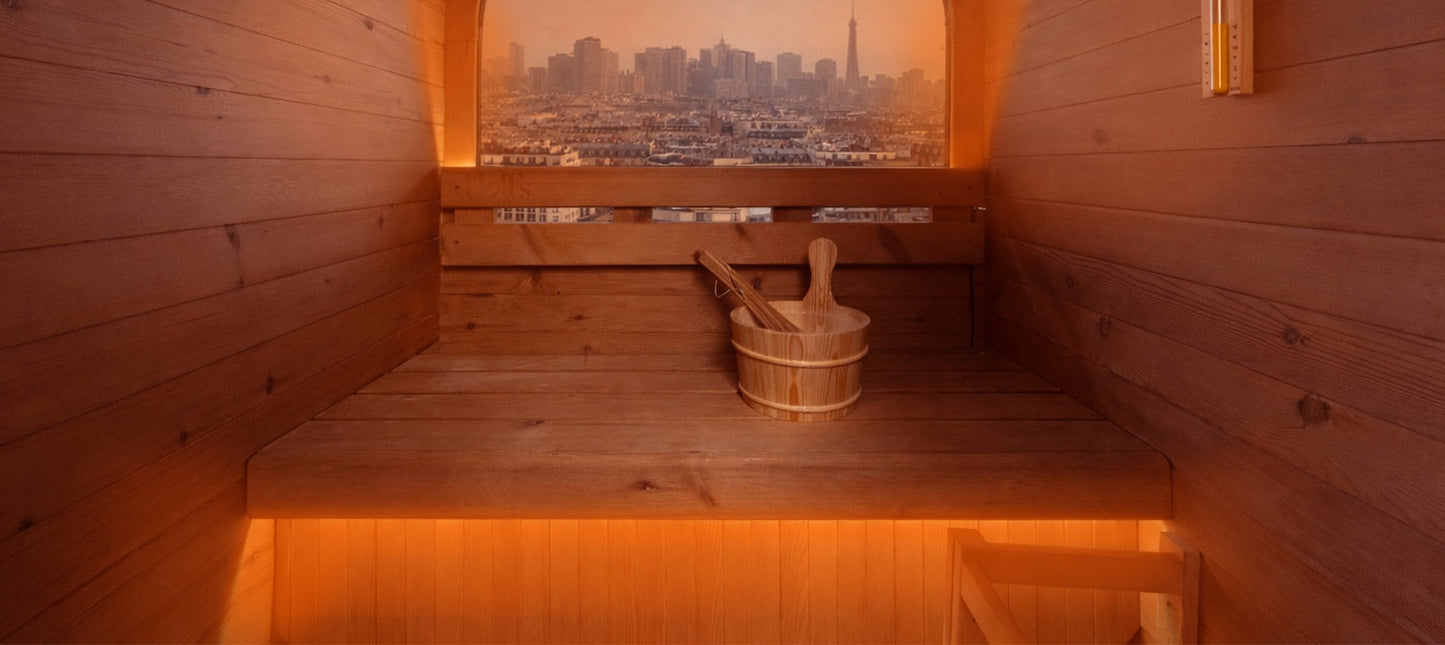 Holl's Cocoon two person outdoor sauna on a city terrace