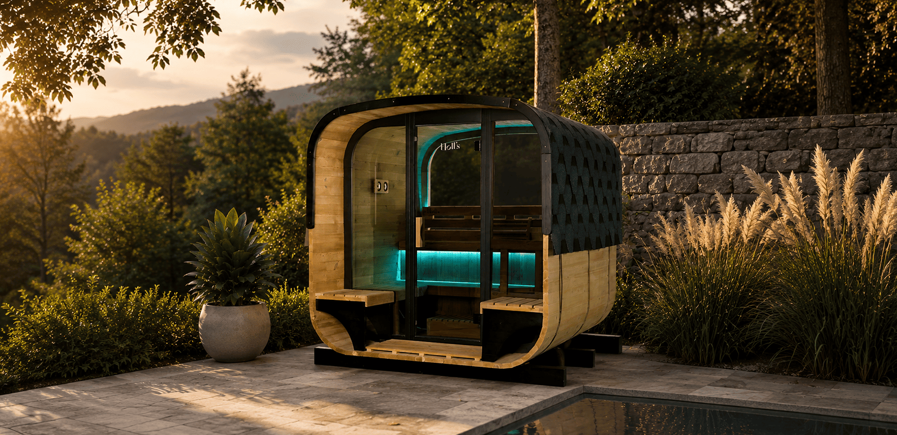 Holl's Hestia Lounge outdoor sauna with terrace