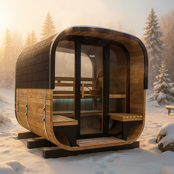 Holl's Hestia outdoor cube sauna in a garden setting