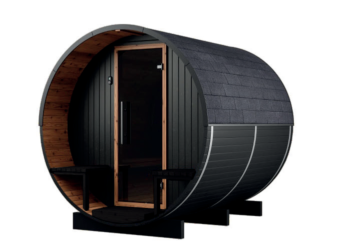 Holl's Onyxia Barrel black ThermoWood barrel sauna with chimney on a stone patio