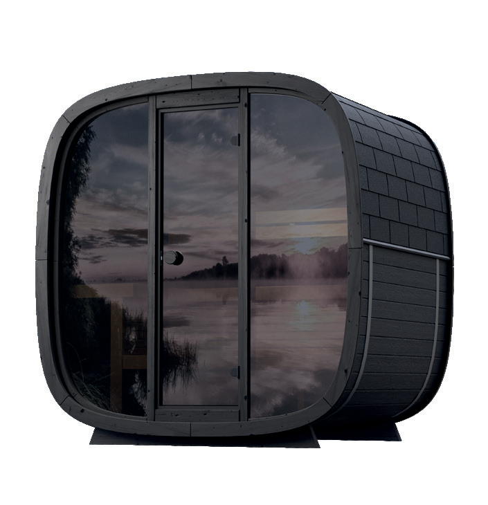 Holl's Onyxia Cube outdoor sauna with mirrored glass facade reflecting sky in a field