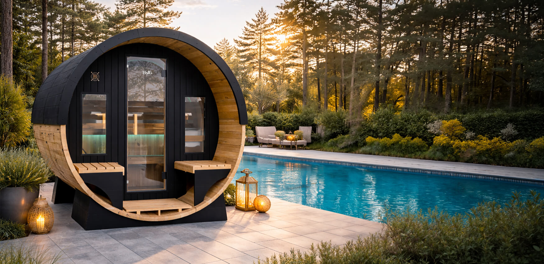 Holl's Orphee outdoor barrel sauna in thermo-treated wood