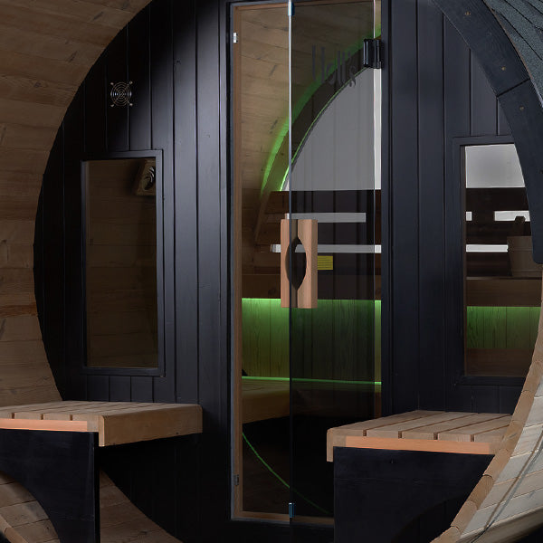 Holl's Orphee outdoor barrel sauna in thermo-treated wood