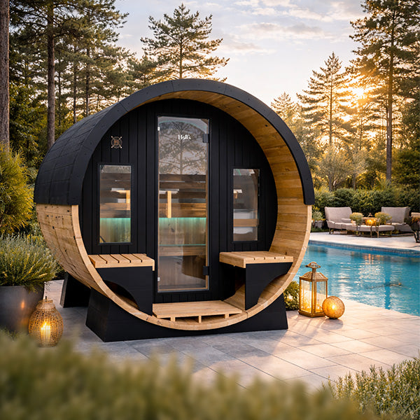 Holl's Orphee outdoor barrel sauna in thermo-treated wood