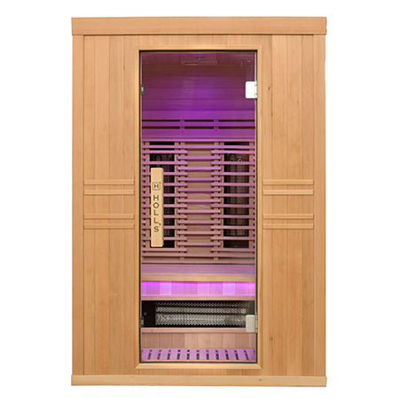 Holl's Purewave Evo 2 two person infrared sauna in Canadian spruce with glass door