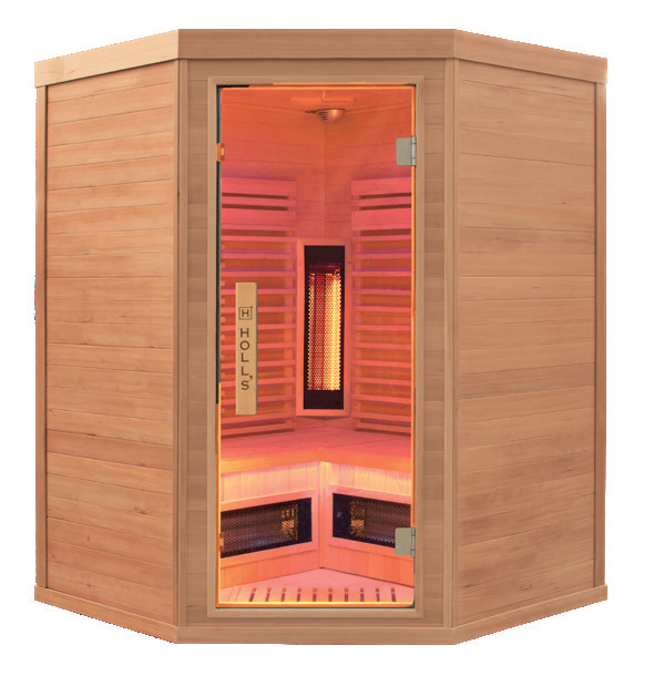 Holl's Purewave Evo 3C corner infrared sauna with angled front in Canadian spruce