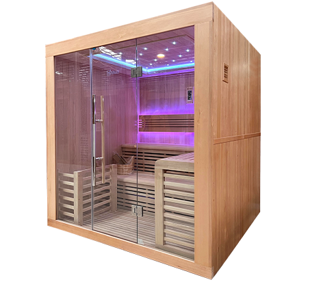 Holl's Utopia 3 three person indoor traditional steam sauna in Canadian hemlock with glass front