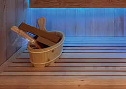 Holl's Utopia 3 three person indoor traditional steam sauna in Canadian hemlock with glass front