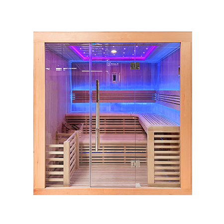 Holl's Utopia 6 six person indoor traditional steam sauna interior with tiered abachi benches