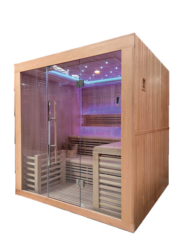 Holl's Utopia 6 six person indoor traditional steam sauna interior with tiered abachi benches