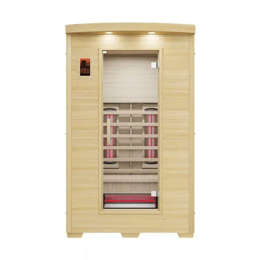 Steam & Oak Kajo 1 full spectrum infrared sauna — cabin exterior, front elevation, door closed