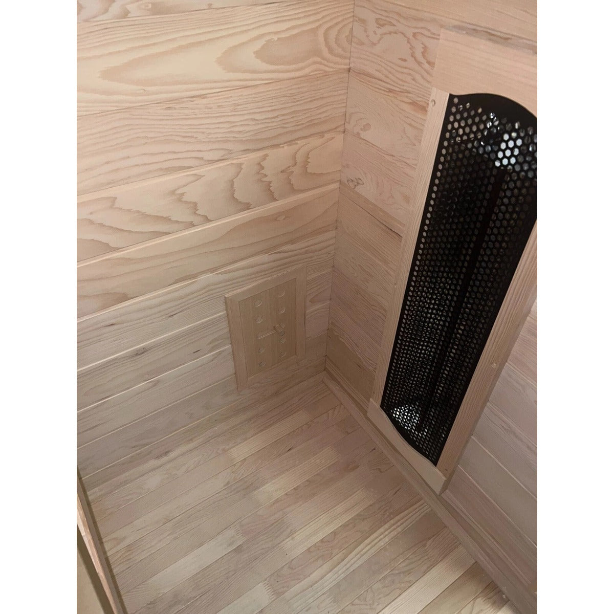 Steam & Oak Kajo 1 full spectrum infrared sauna — interior corner — vent and heater panel, lights off