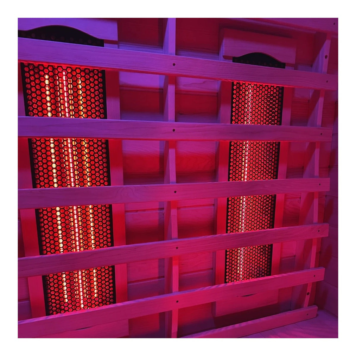 Steam & Oak Kajo 1 full spectrum infrared sauna — full spectrum heaters lit, bench view