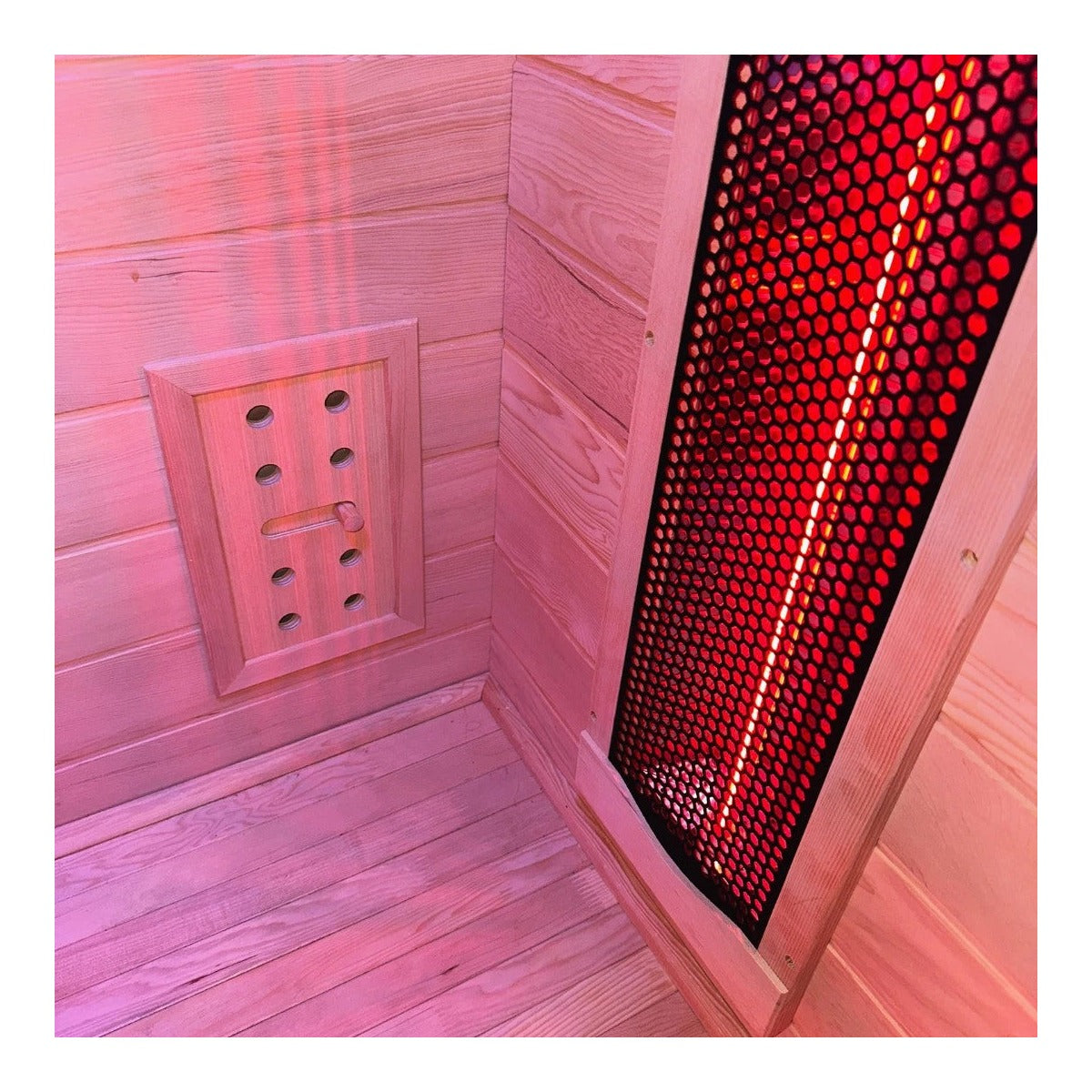 Steam & Oak Kajo 1 full spectrum infrared sauna — interior corner — vent and heater lit