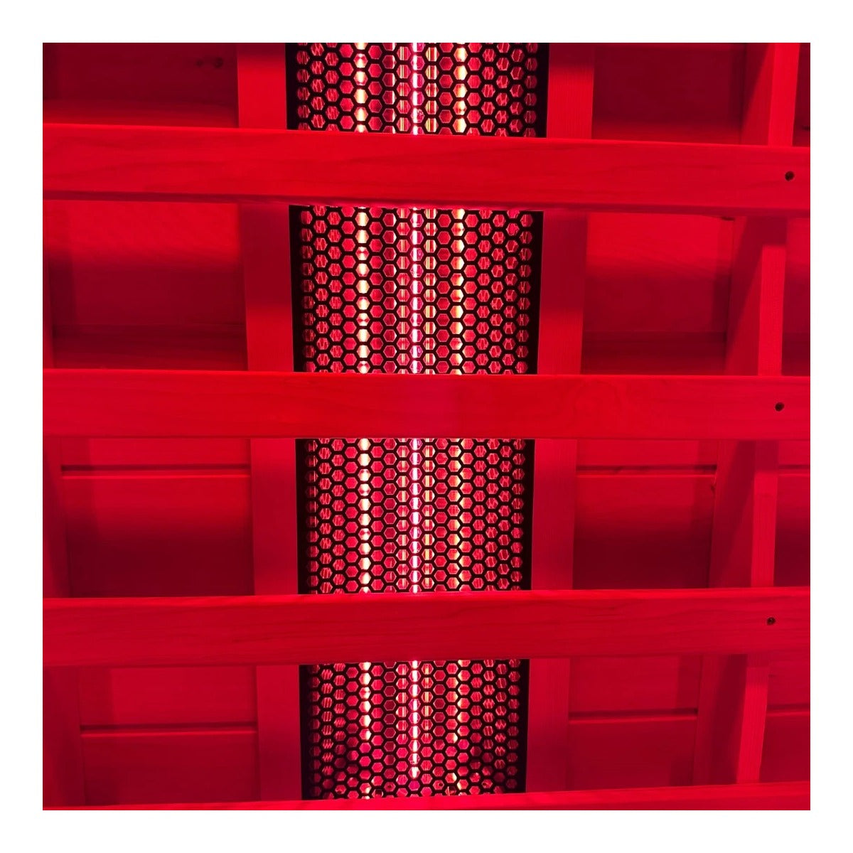 Steam & Oak Kajo 3 full spectrum infrared sauna — ceiling heater panels lit
