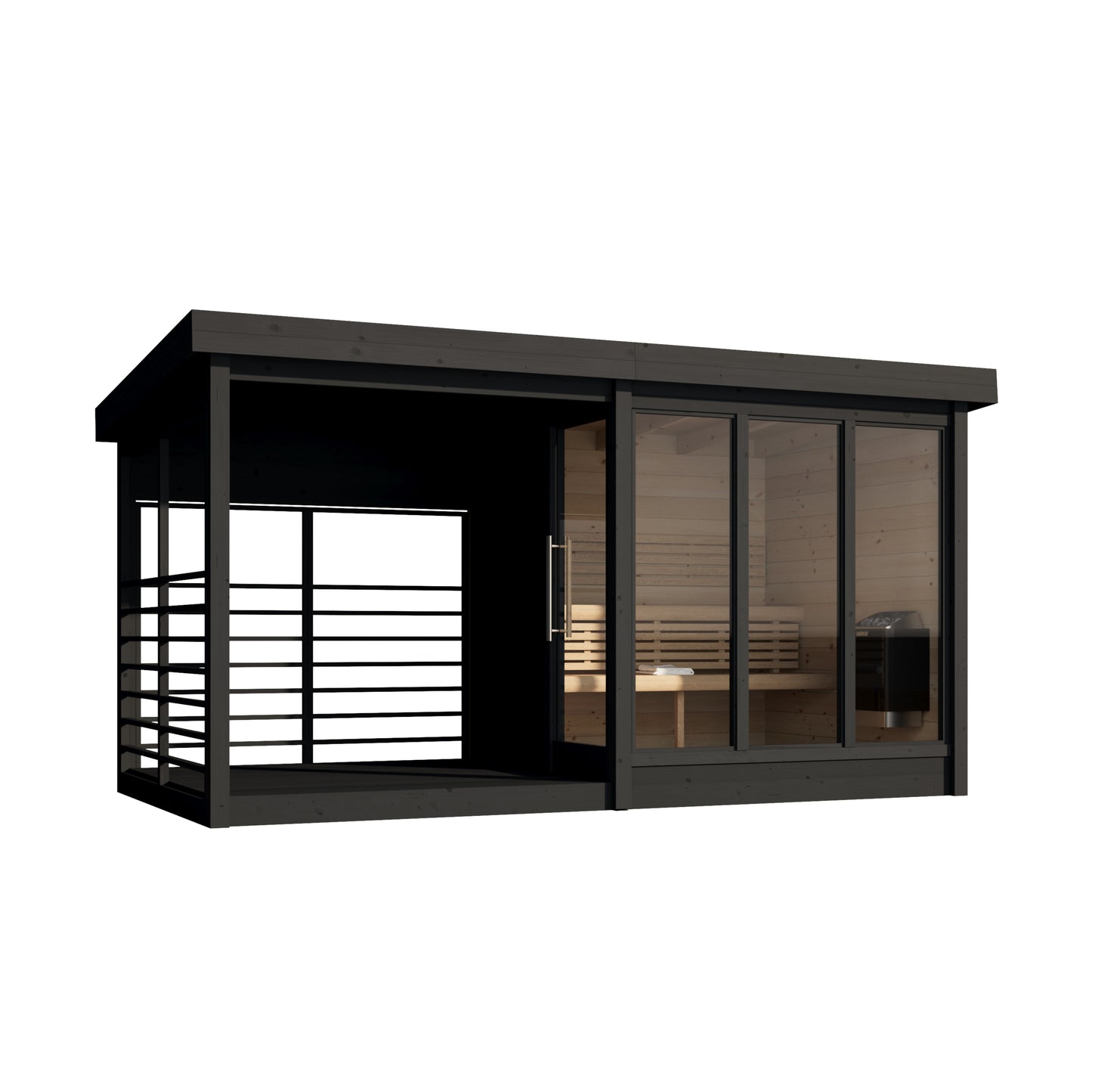 Honka 215 Terrace sauna cabin in black, cut-out elevation