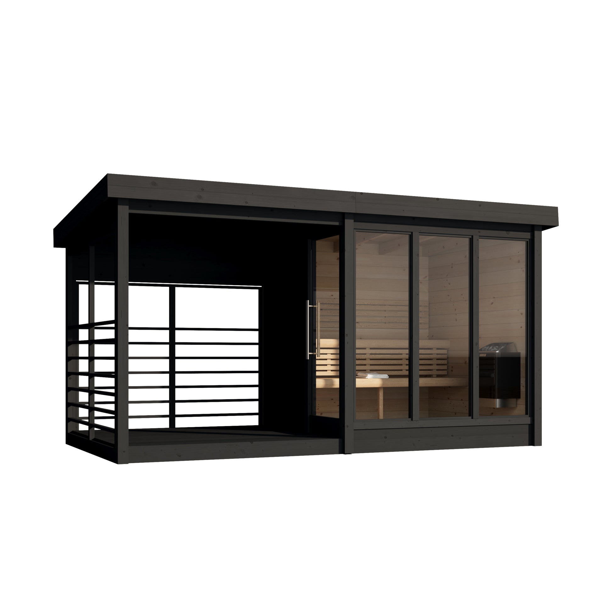 Honka 215 Terrace sauna cabin in black, cut-out elevation