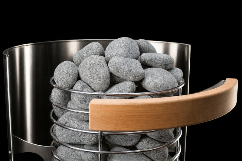 FinSteam Halo wooden safety rail fitted to an Orbis stone cage on a gas sauna heater