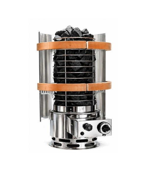 FinSteam Halo alder-wood safety rail guarding the top of a gas sauna heater